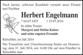 Traueranzeige von Herbert Engelmann von WVG - Wochenspiegel Merseburg