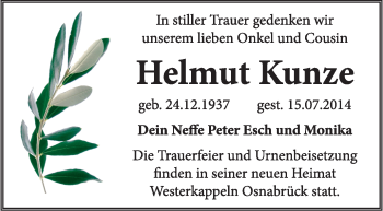 Traueranzeige von Helmut Kunze von WVG - Wochenspiegel Wittenberg
