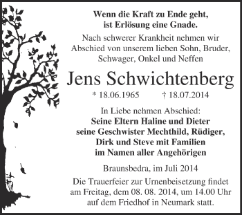 Traueranzeige von Jens Schwichtenberg von Super Sonntag Merseburg