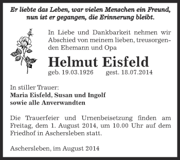 Traueranzeige von Helmut Eisfeld von WVG - Wochenspiegel Aschersleben
