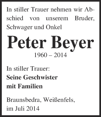 Traueranzeige von Peter Beyer von WVG - Wochenspiegel NMB / WSF / ZTZ