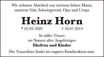 Traueranzeige von Heinz Horn von Super Sonntag Dessau / Köthen