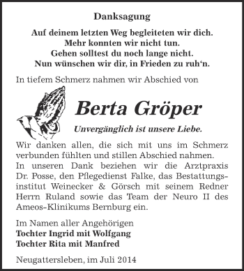 Traueranzeige von Berta Gröper von Super Sonntag Bernburg