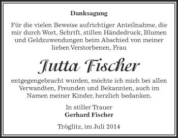 Traueranzeige von Jutta Fischer von Super Sonntag Zeitz