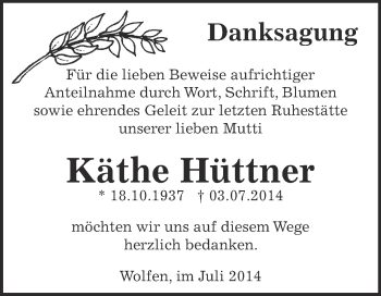 Traueranzeige von Käthe Hüttner von WVG - Wochenspiegel Bitterfeld