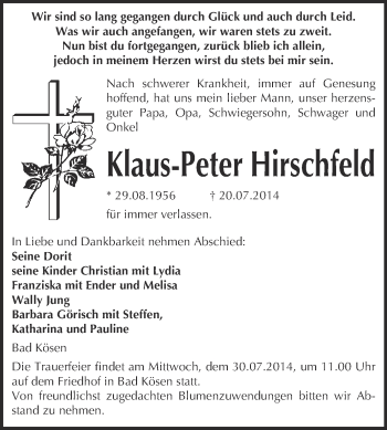 Traueranzeige von Klaus-Peter Hirschfeld von WVG - Wochenspiegel NMB / WSF / ZTZ