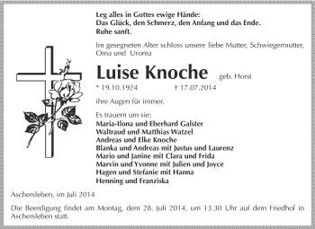 Traueranzeige von Luise Knoche von WVG - Wochenspiegel Aschersleben