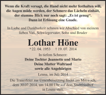 Traueranzeige von Lothar Höne von Super Sonntag Merseburg