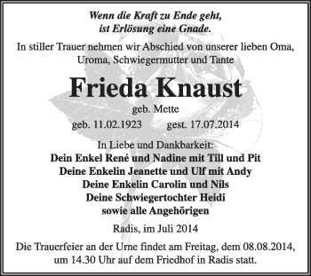 Traueranzeige von Frieda Knaus von WVG - Wochenspiegel Wittenberg