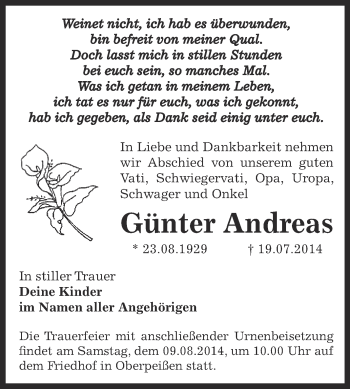 Traueranzeige von Günter Andreas von Super Sonntag Bernburg