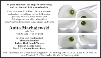 Traueranzeige von Anita Machajewski von Super Sonntag Bernburg