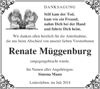 Traueranzeige von Renate Müggenburg von WVG - Wochenspiegel Merseburg