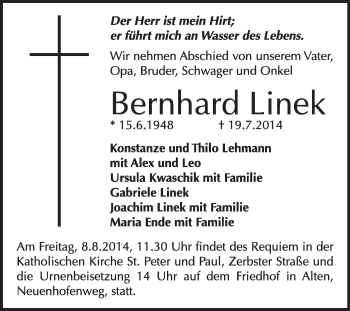 Traueranzeige von Bernhard Linek von Super Sonntag Dessau / Köthen