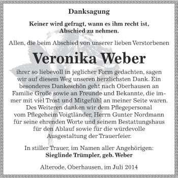 Traueranzeige von Veronika Weber von Super Sonntag SGH Mansf. Land