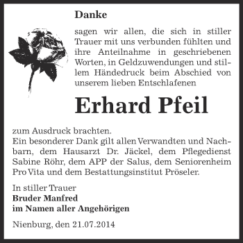 Traueranzeige von Erhard Pfeil von Super Sonntag Bernburg