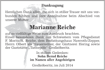 Traueranzeige von Marianne Reiche von WVG - Wochenspiegel Bitterfeld