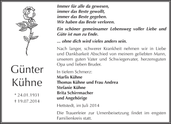 Traueranzeige von Günter Kühne von Wochenspiegel Mansfelder Land
