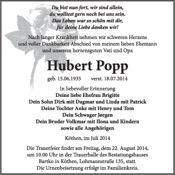 Traueranzeige von Hubert Popp von Super Sonntag Dessau / Köthen