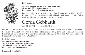 Traueranzeige von Gerda Gebhardt von WVG - Wochenspiegel Merseburg