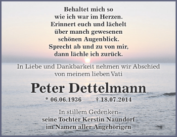 Traueranzeige von Peter Dettelmann von Super Sonntag Zeitz