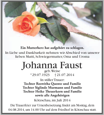 Traueranzeige von Johanna Faust von Super Sonntag Merseburg