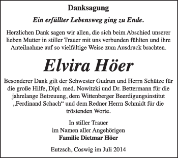 Traueranzeige von Elvira Höer von WVG - Wochenspiegel Wittenberg
