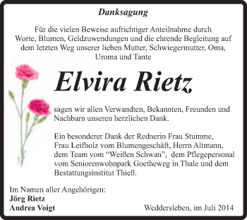 Traueranzeige von Elvira Rietz von Super Sonntag Quedlinburg
