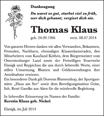 Traueranzeige von Thomas Klaus von Super Sonntag Dessau / Köthen