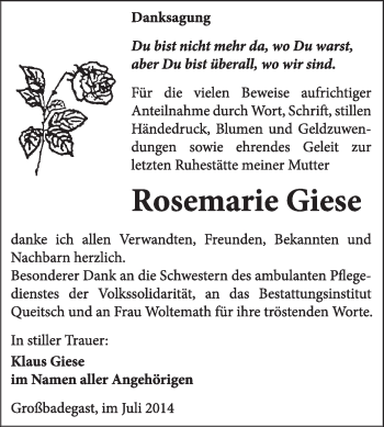 Traueranzeige von Rosemarie Giese von Super Sonntag Dessau / Köthen