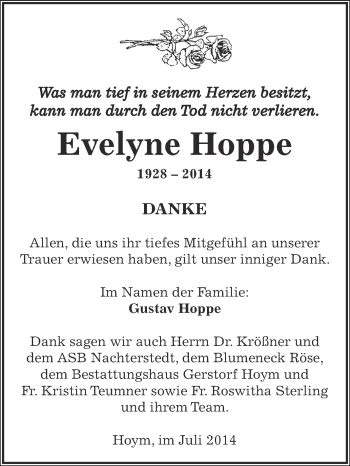 Traueranzeige von Evelyne Hoppe von Super Sonntag Aschersleben