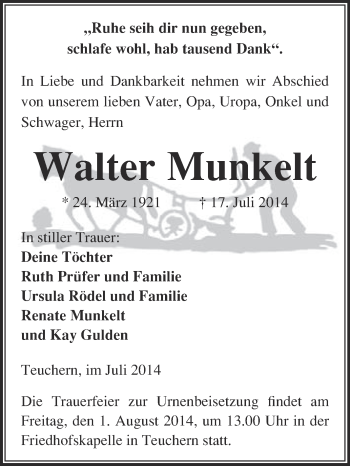 Traueranzeige von Walter Munkelt von WVG - Wochenspiegel NMB / WSF / ZTZ