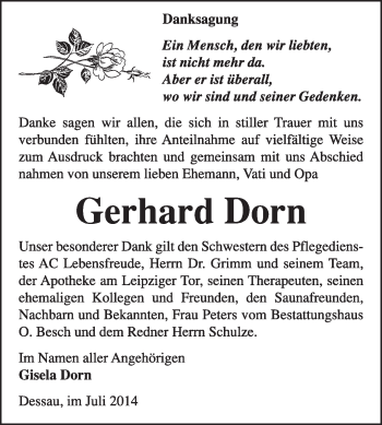 Traueranzeige von Gerhard Dorn von Super Sonntag Dessau / Köthen