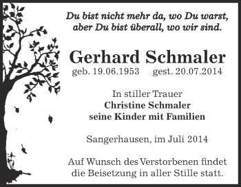 Traueranzeige von Gerhard Schmaler von Super Sonntag SGH Mansf. Land