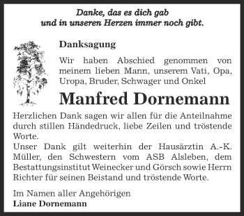 Traueranzeige von Manfred Dornemann von Super Sonntag Bernburg