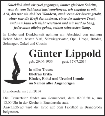 Traueranzeige von Günter Lippold von WVG - Wochenspiegel Merseburg