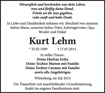 Traueranzeige von Kurt Lehm von WVG - Wochenspiegel Wittenberg