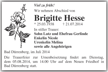 Traueranzeige von Brigitte Hesse von Super Sonntag Merseburg