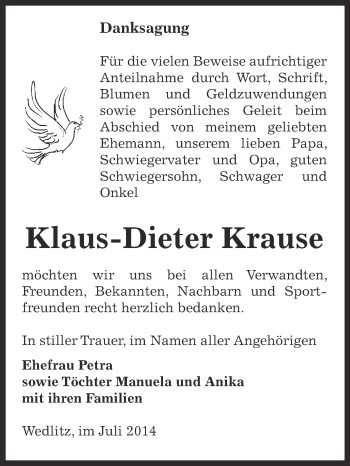 Traueranzeige von Klaus-Dieter Krause von Super Sonntag Bernburg