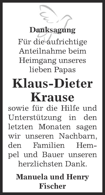 Traueranzeige von Klaus-Dieter Krause von Super Sonntag Bernburg