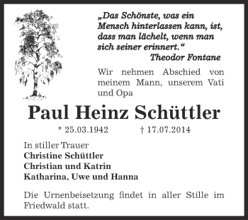 Traueranzeige von Paul Heinz Schüttler von Super Sonntag Bernburg