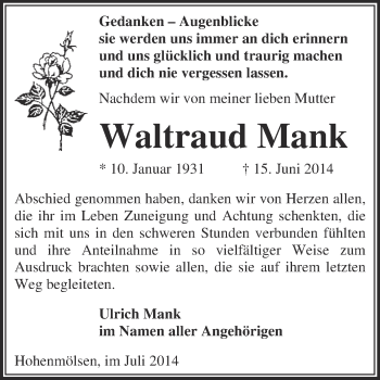 Traueranzeige von Waltraud Mank von WVG - Wochenspiegel NMB / WSF / ZTZ