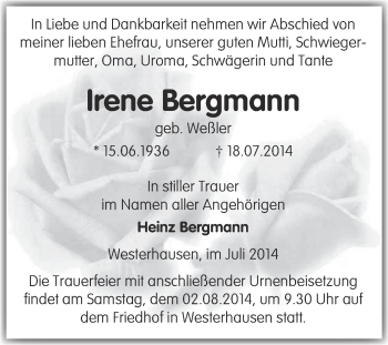 Traueranzeige von Irene Bergmann von WVG - Wochenspiegel Quedlinburg