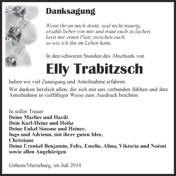 Traueranzeige von Elly Trabitzsch von Super Sonntag Merseburg