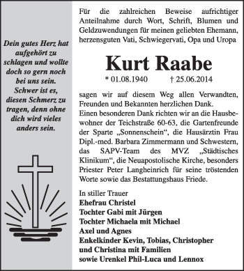 Traueranzeige von Kurt Raabe von Super Sonntag Dessau / Köthen