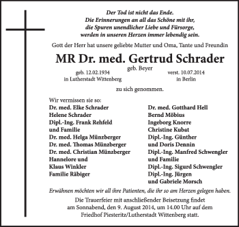 Traueranzeige von Gertrud Schrader von WVG - Wochenspiegel Wittenberg