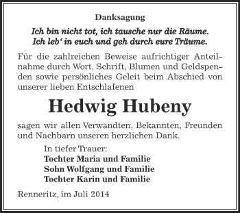 Traueranzeige von Hedwig Hubeny von WVG - Wochenspiegel Bitterfeld