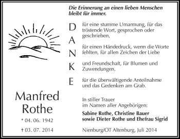 Traueranzeige von Manfred Rothe von Super Sonntag Halle