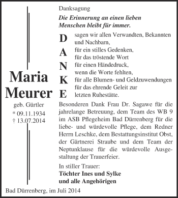 Traueranzeige von Maria Meurer von Super Sonntag Merseburg