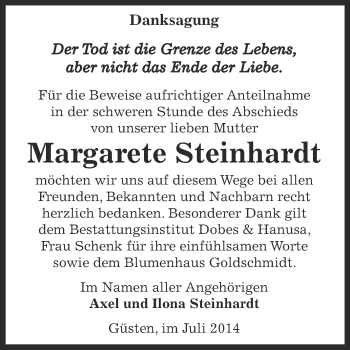 Traueranzeige von Margarete Steinhardt von Super Sonntag Bernburg