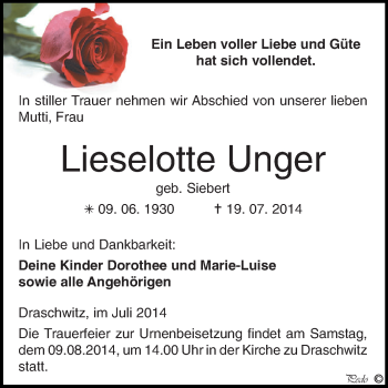 Traueranzeige von Lieselotte Unger von Super Sonntag Zeitz